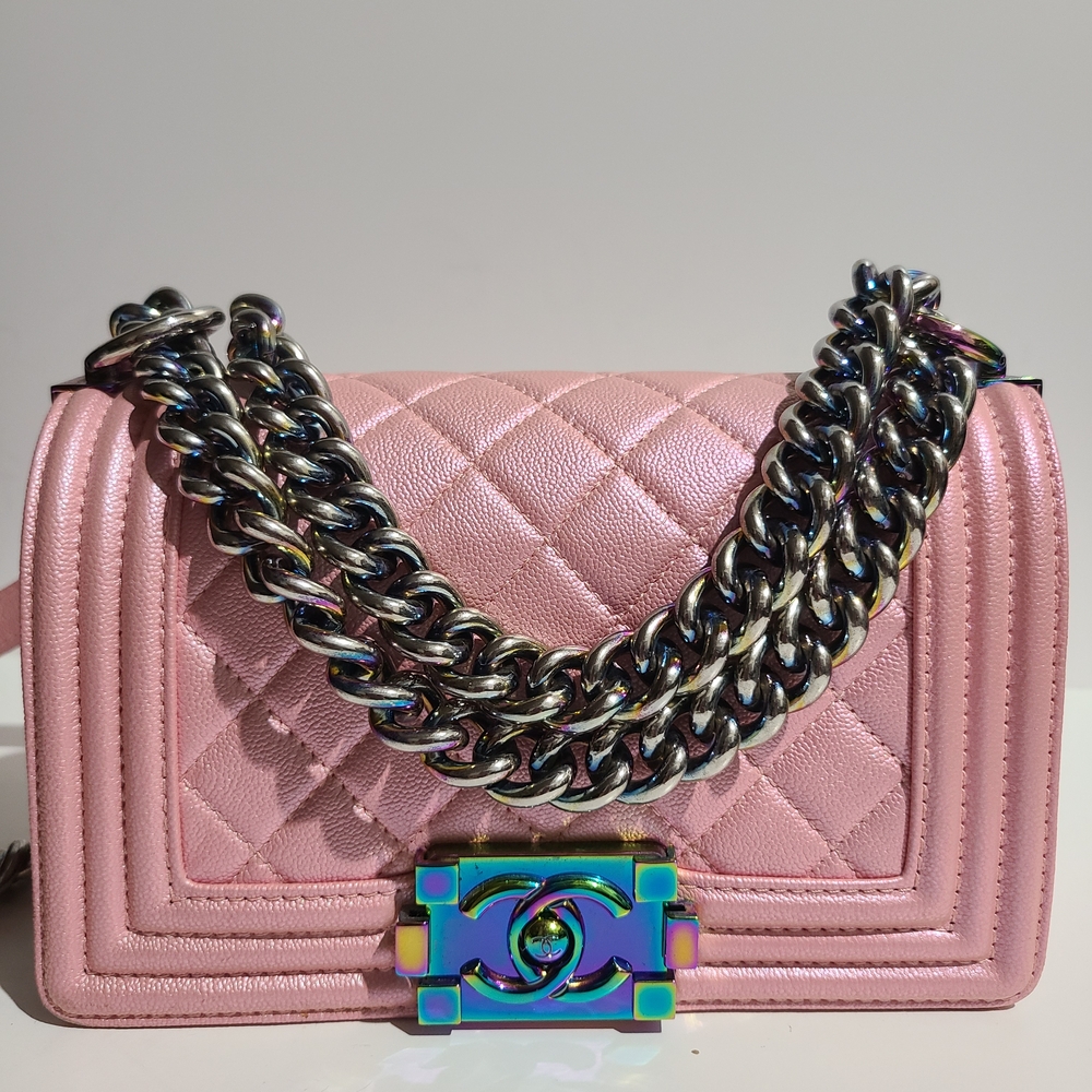 CHANEL Iridescent Metallic PINK Chic Pin Quilted Chain Bag